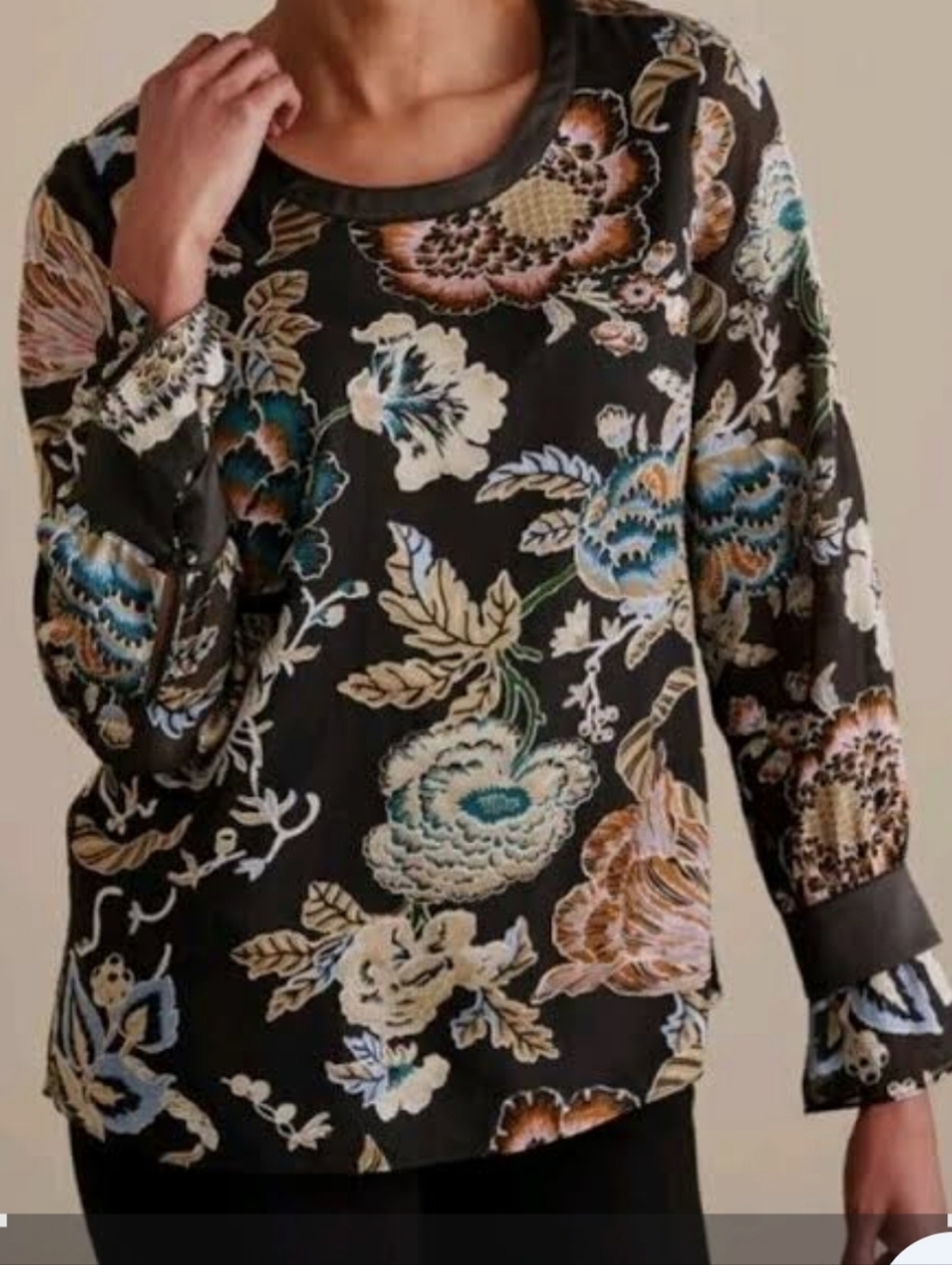 Soft Surroundings Deanna Black Floral Satin Lined Sheer Long-Sleeve Blouse Sz S